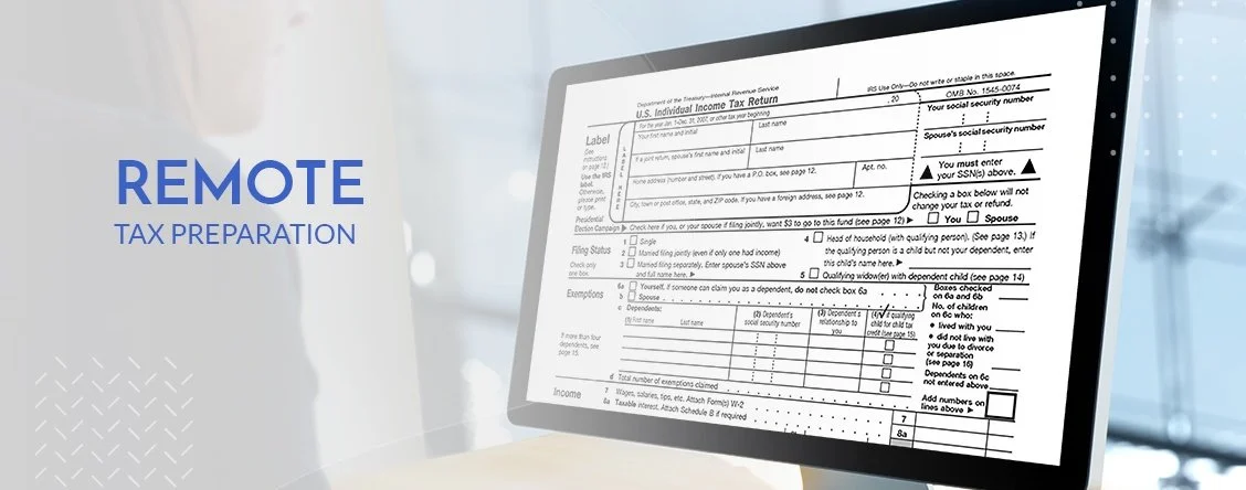 A computer monitor displaying a U.S. individual income tax return form, with the words 'REMOTE TAX PREPARATION' written on a side. The background suggests an office setting with bright natural light.