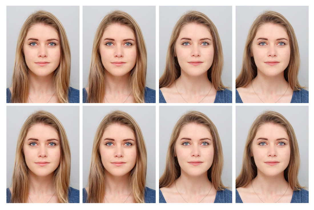 A collage of eight headshots of a young woman with blonde hair and blue eyes, all against a gray background. The woman has different facial expressions in each photo, and in some images, she is wearing a gold necklace and a blue top.
