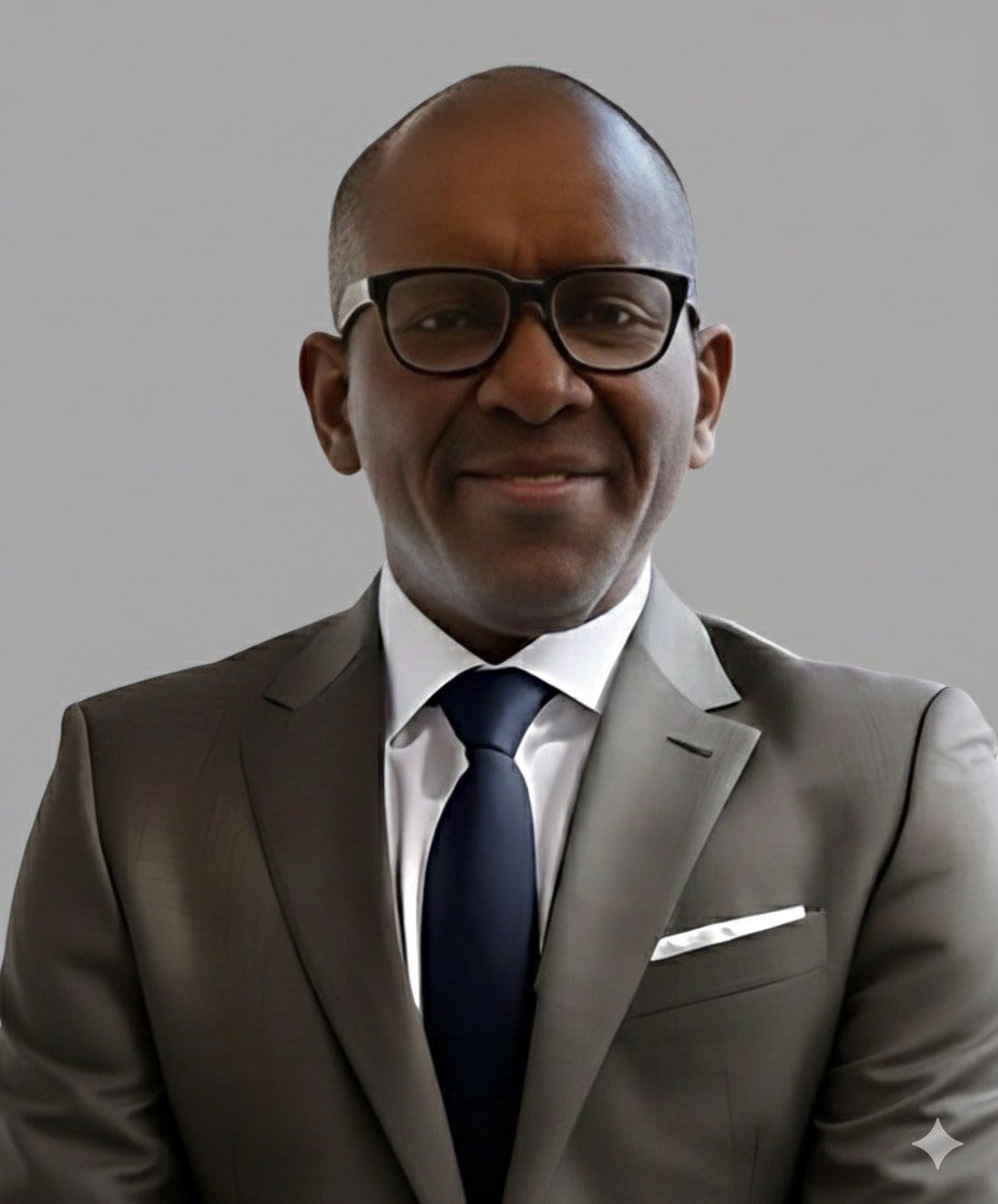 A man wearing glasses, a dark suit, white shirt, and dark tie, smiling against a plain background.