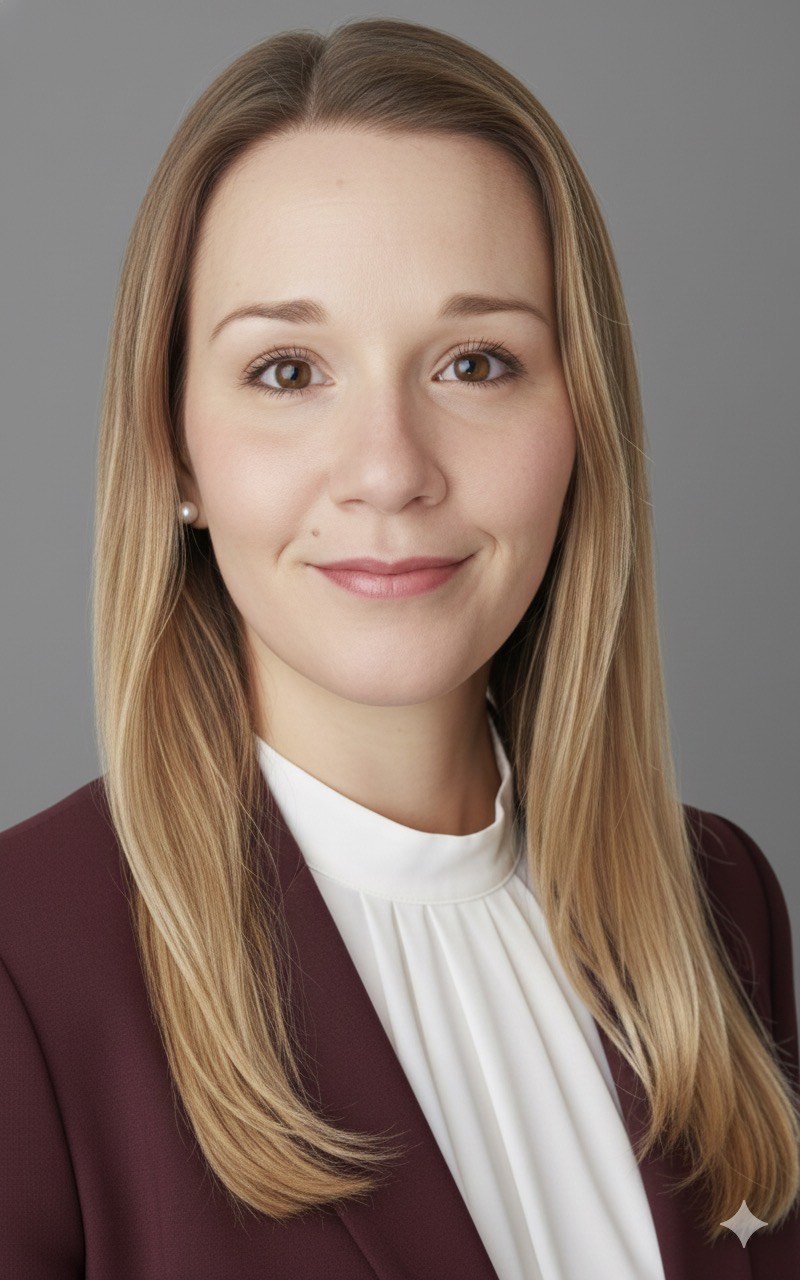 A professional woman with long blonde hair, wearing a white blouse and a dark blazer, smiling against a gray background.