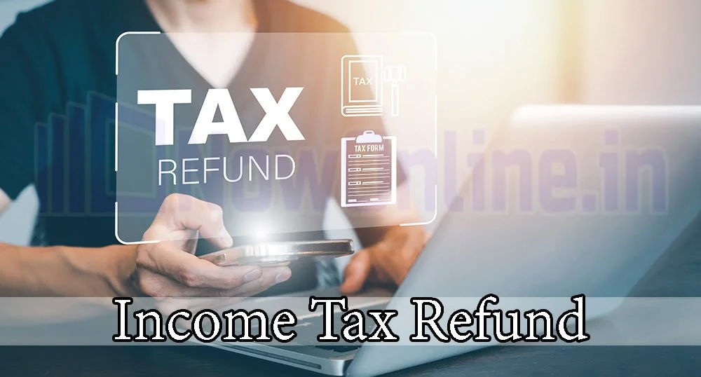 Person holding a smartphone with a holographic overlay displaying the words 'Tax Refund' and icons of a tax document and form, with a laptop in the background, indicating online income tax refund process.