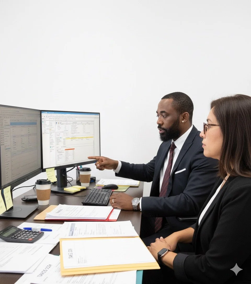 Three people sitting at a wooden table, having a discussion with documents, a pen, and a calculator in a cozy indoor setting.