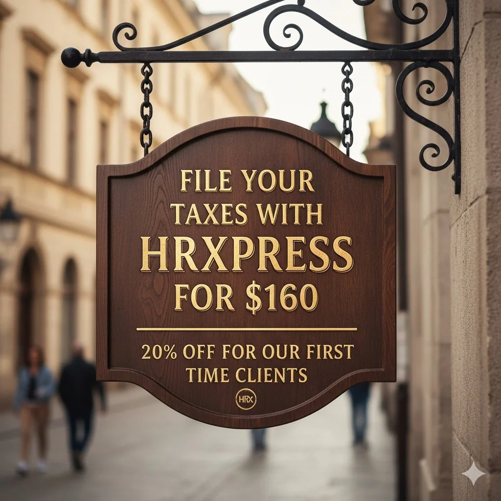 Promotion for tax filing services offering 20% off with code HRXEXPRESS for first-time customers, featuring a green gradient background with white text.