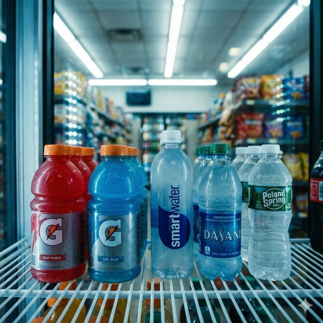 Several bottles of Gatorade, bottled water, and Dasani water inside a refrigerated display at a store.