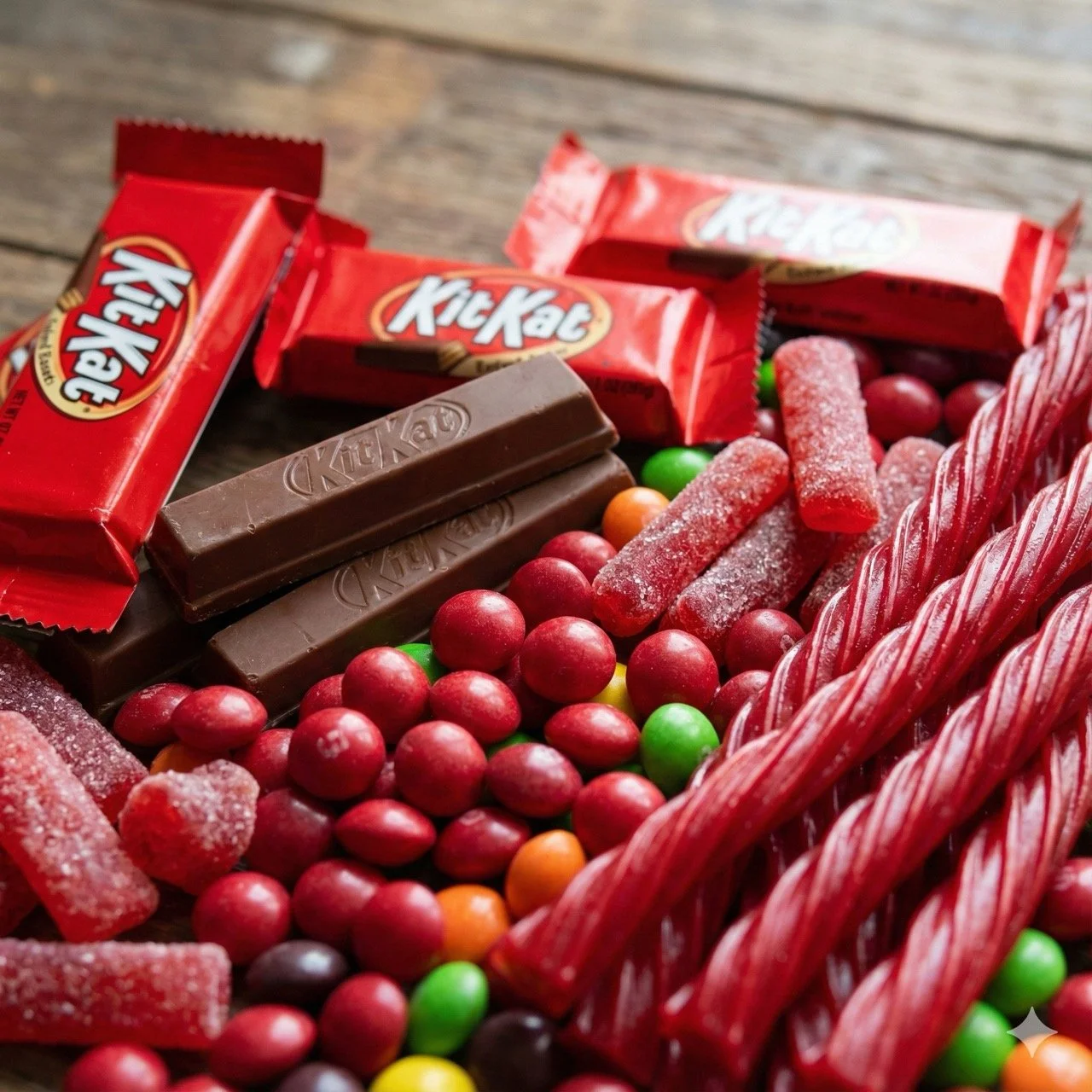 Assortment of candies including Kit Kat bars, red licorice sticks, red and green gum balls, and sour gummy candies on a wooden surface.