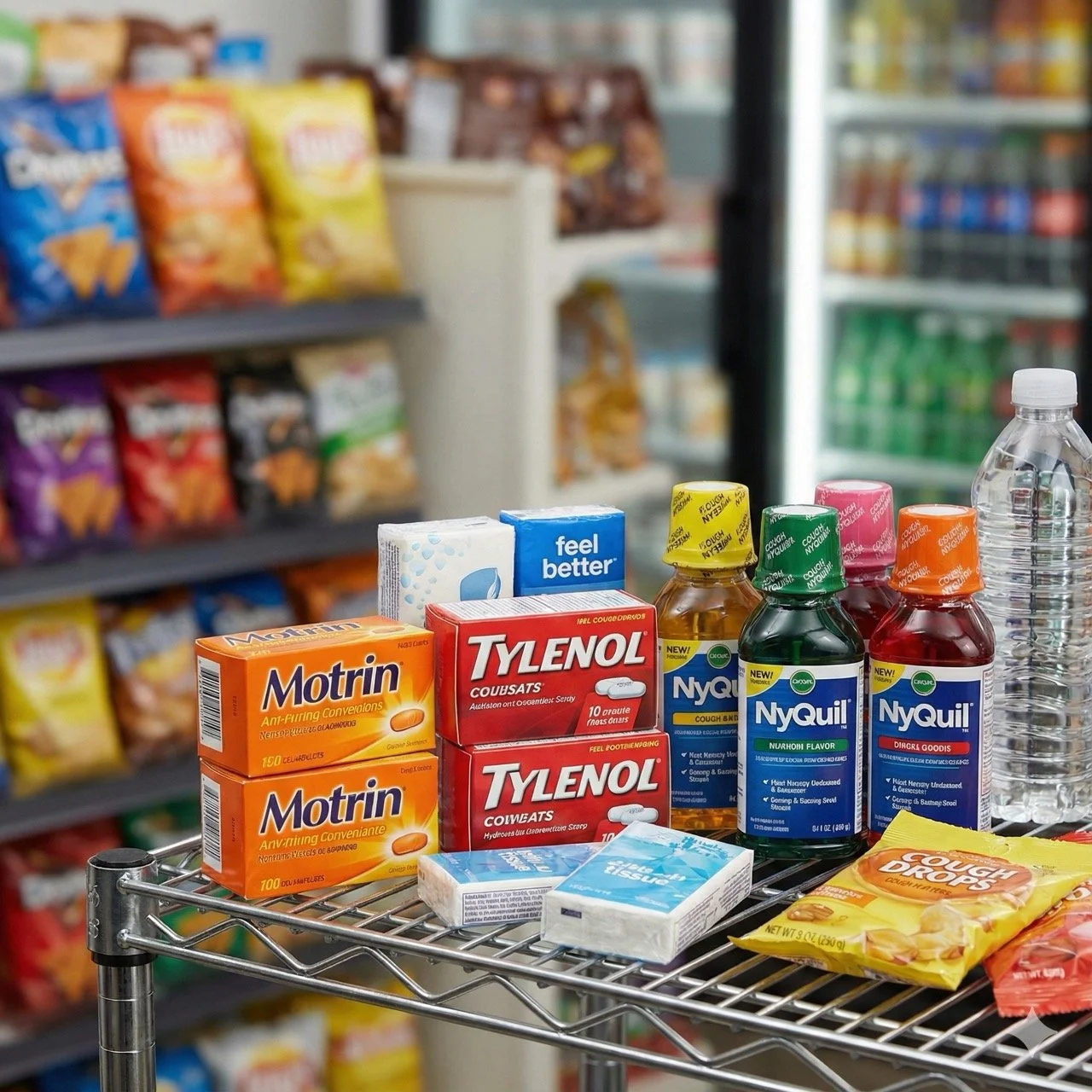 Over-the-counter cold remedies and cough drops on a store metal shelf, including Motrin, Tylenol, NyQuil, and cough drops. In the background, snack chips on store shelves and a water bottle are visible.