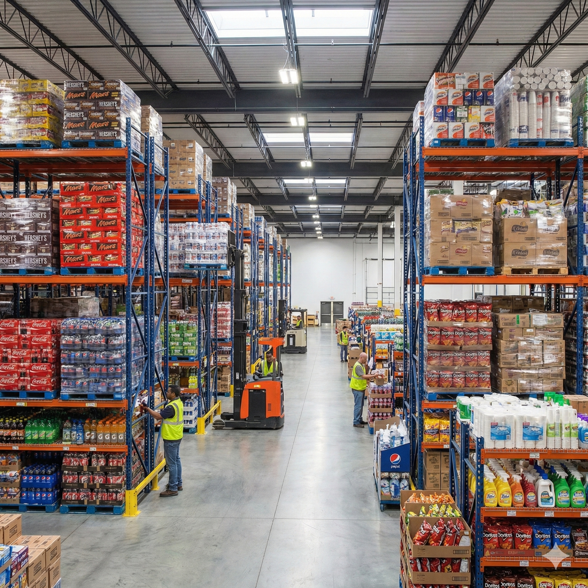 Inside a busy warehouse or wholesale store with tall shelving stocked with snacks, beverages, and household items. Several workers in safety vests operate forklifts and organize products on the shelves.