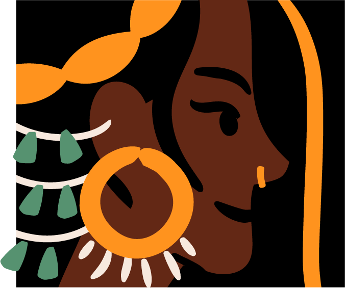 Illustration of a woman with dark skin, long dark hair, large orange hoop earrings, and a yellow braided headband.