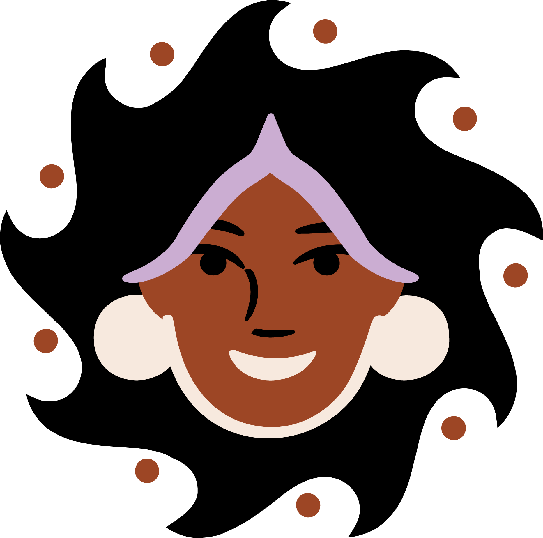 Illustration of a smiling woman with dark skin, gray hair, and a white shirt, surrounded by brown dots.