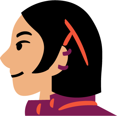Illustration of a woman with short black hair, wearing purple earrings and a purple top with orange accents.