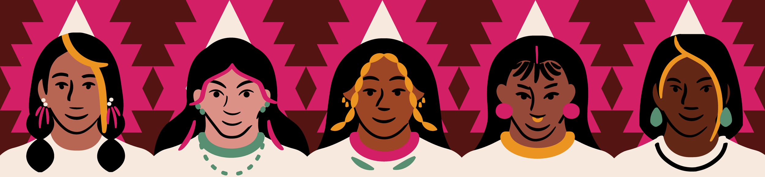 An illustration of five diverse women with dark hair, wearing white clothing and colorful jewelry, standing in front of a pink and brown geometric patterned background.