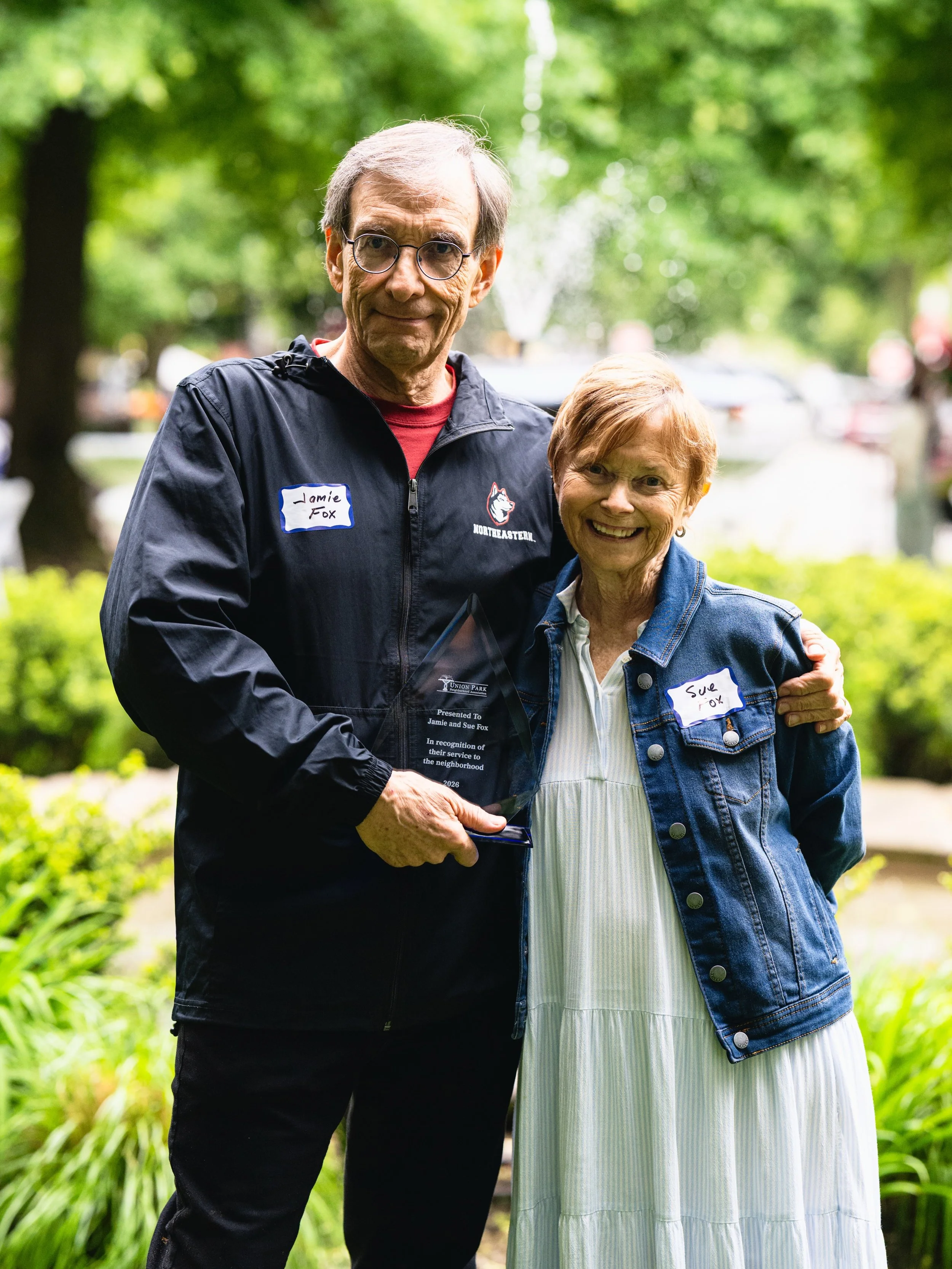 Last Sunday, the Union Park Neighborhood came together for our annual Spring Social and to honor Jaime and Sue Fox. 

Jamie held many positions over his 20 years on the UPNA Board, including eight years as President. Jamie created the UPNA Club Card 