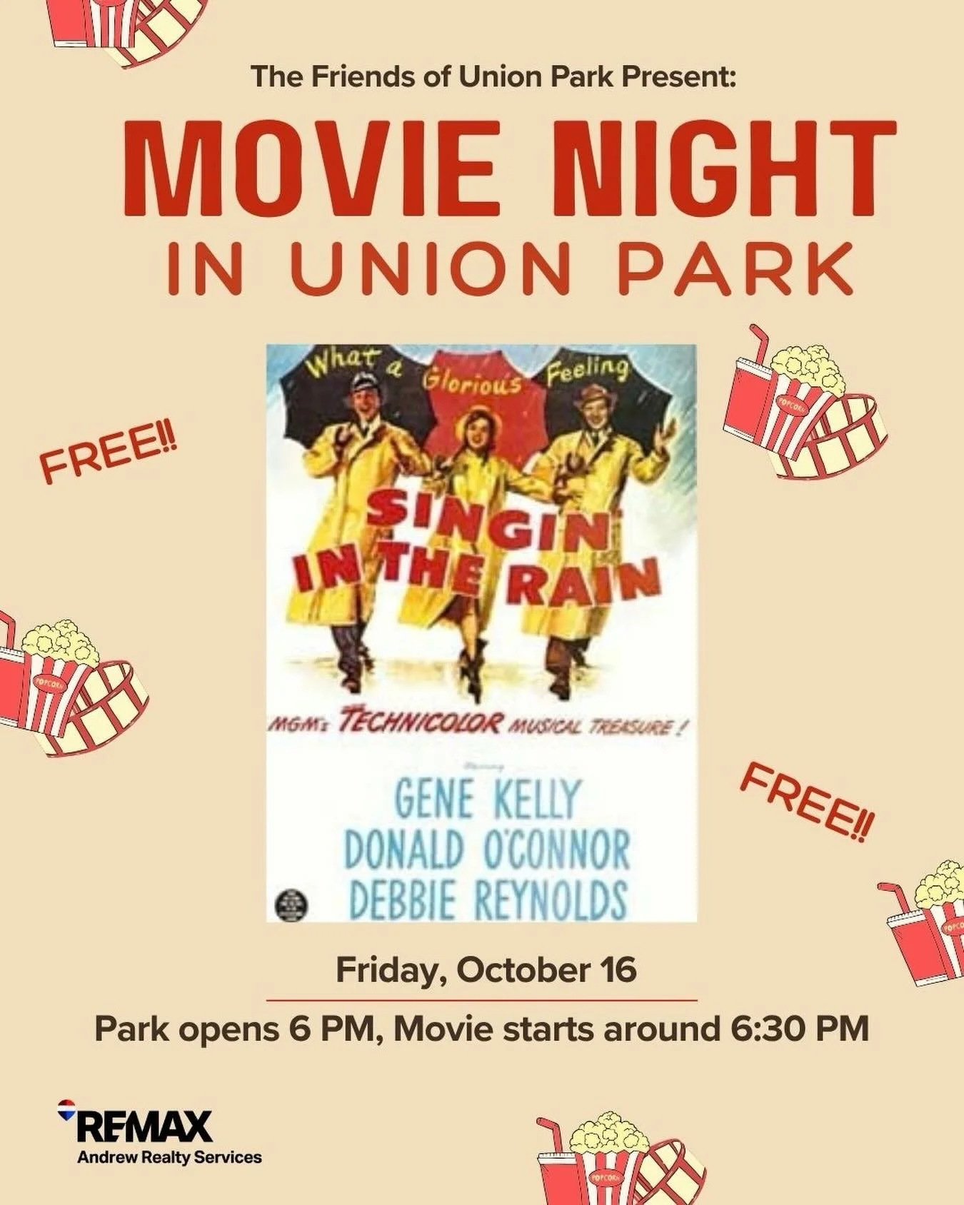 The Friends of Union Park are excited to present: Singin&rsquo; In the Rain

The movie will be shown on Friday, October 16th in Union Park. The park will open at 6pm, and the movie will start around 6:30pm. This event is free to all. Thank you to our