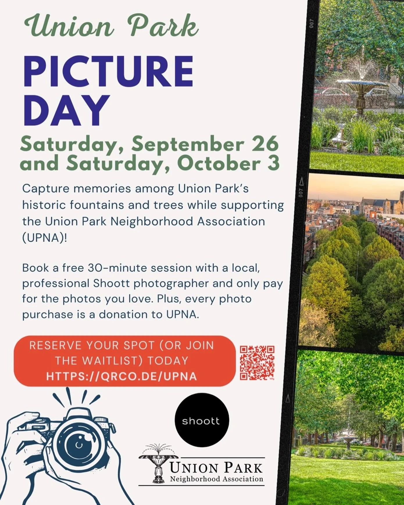 Second date added! 

Book a free 30-minute photo session in Union Park with a local, professional Shoott photographer and only pay for the photos you love! Plus, every photo purchase is a donation to the UPNA!!

Reserve your spot today: http://qrco.d