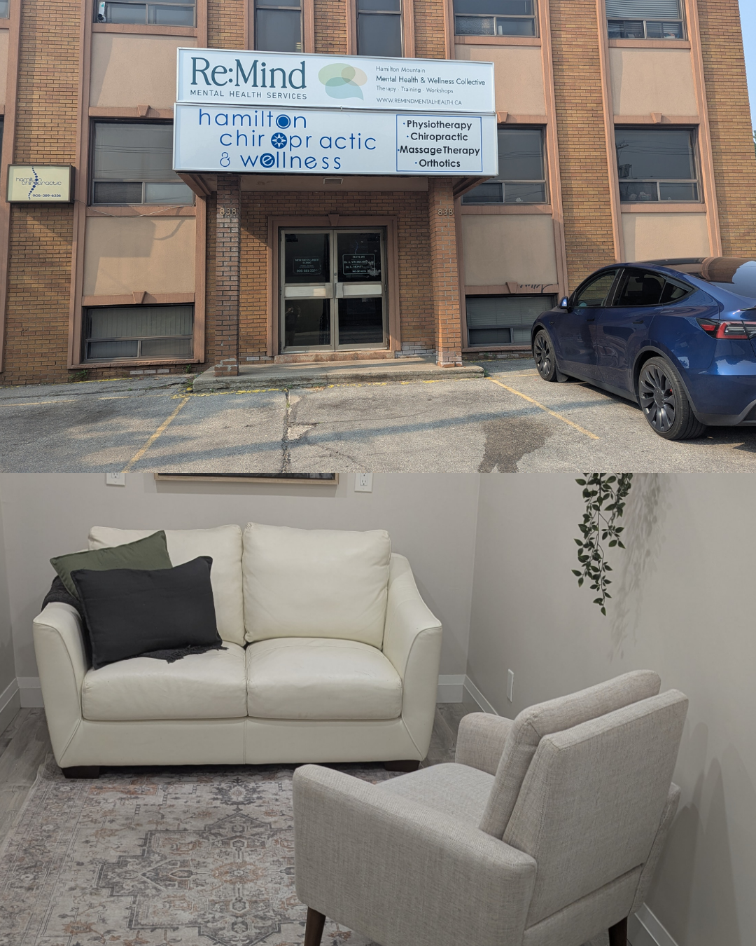 Exterior of 838 Fennell Ave E in Hamilton and interior office