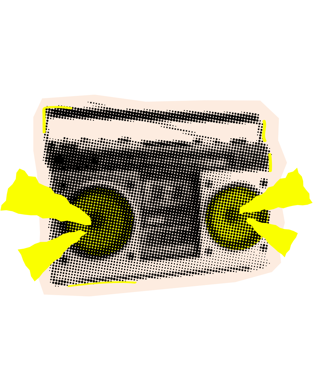Pop art style illustration of a portable stereo with yellow speaker cones and a cassette deck, with torn yellow paper pieces around it.