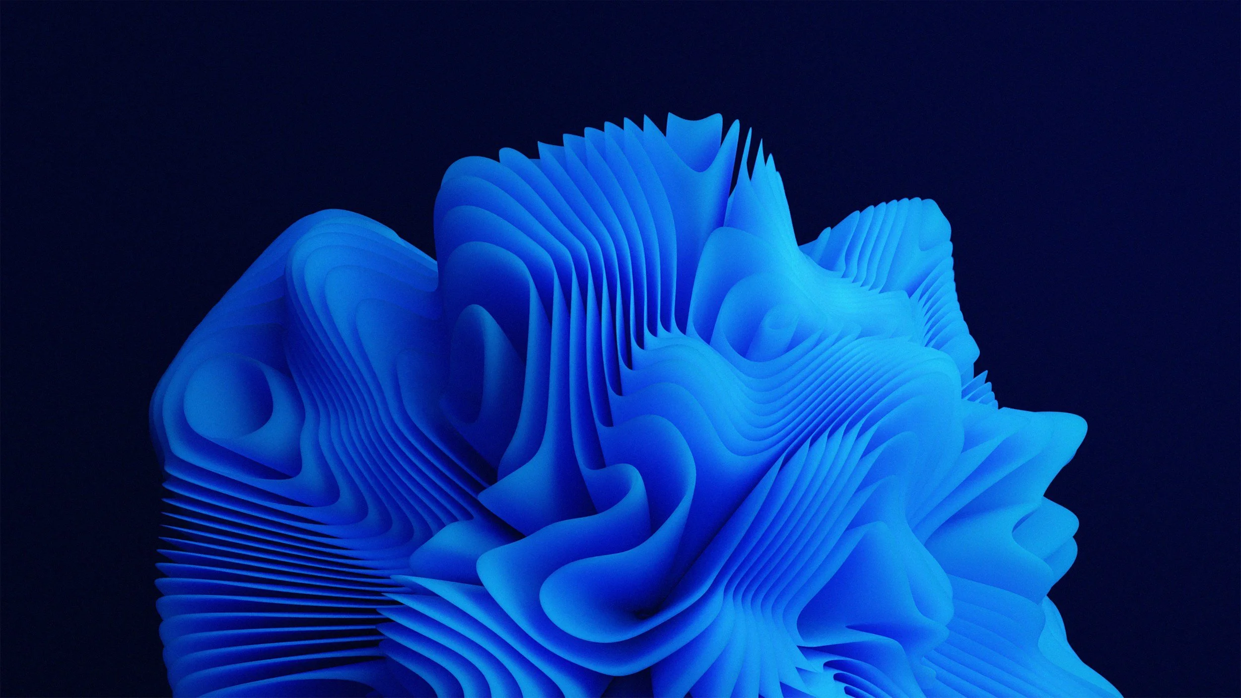 Blue abstract 3D digital art with layered, wavy structures against a dark background.