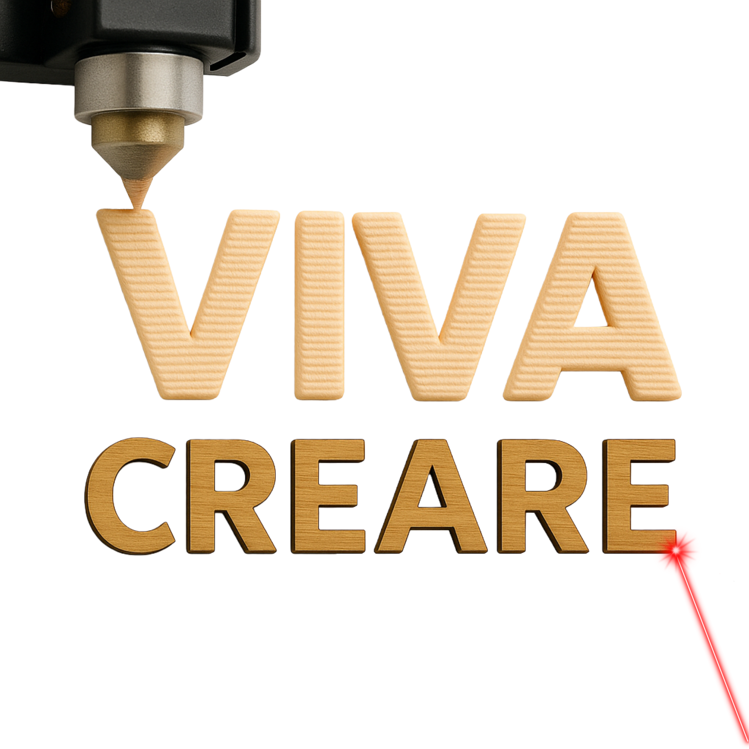 A 3D logo with the word "VIVA" being 3D printed above the word "CREATE" in smaller wooden letters that's being laser cut, with the nozzle of the 3D printer printing the word viva