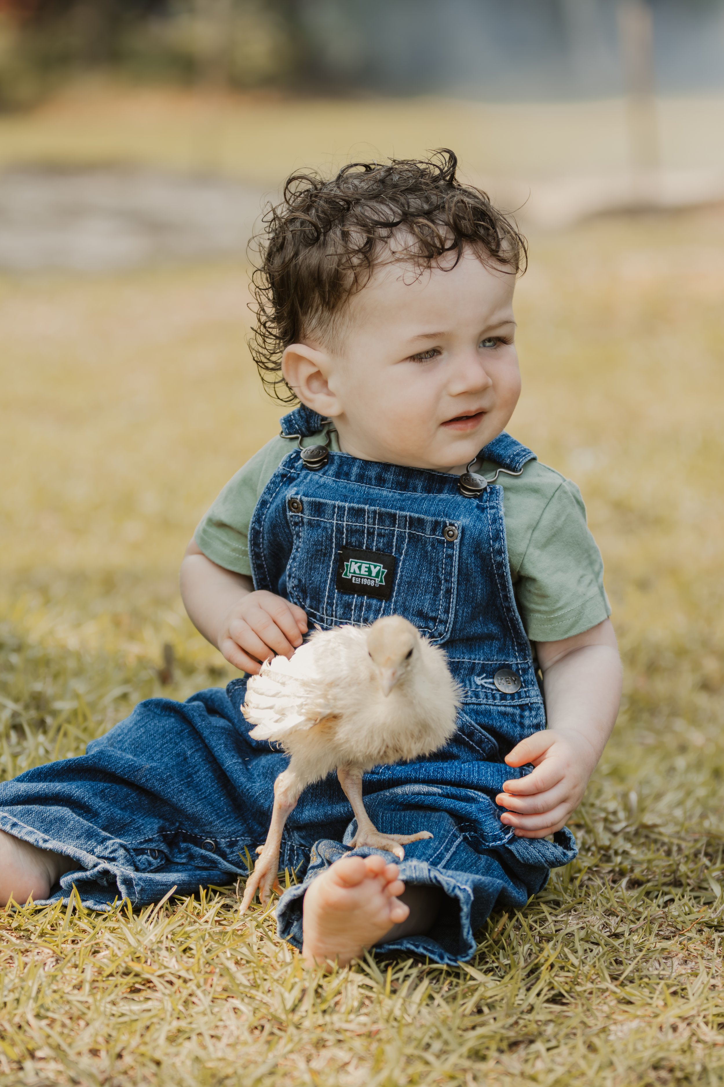 A young child with curly hair wearing a green t-shirt and denim overalls sits on the grass holding a small chick.