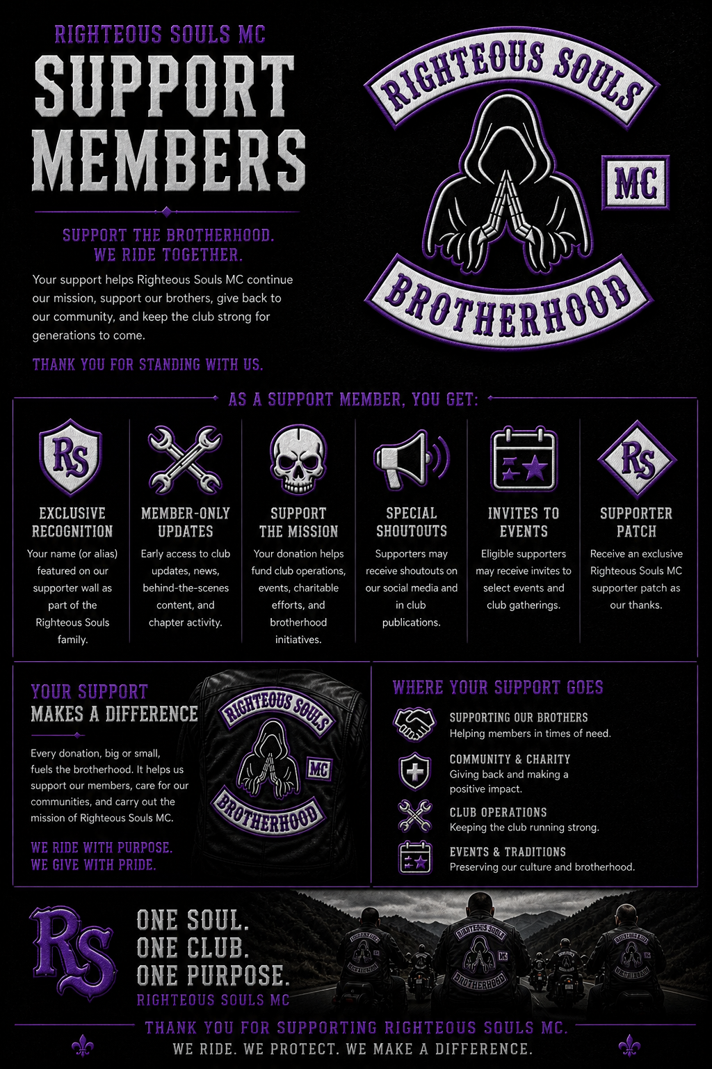 A promotional graphic for Righteous Souls MC supporting members, featuring details about supporter benefits, community support, events, and a motorcycle club logo with a hooded figure praying, all in black, purple, and gray colors.
