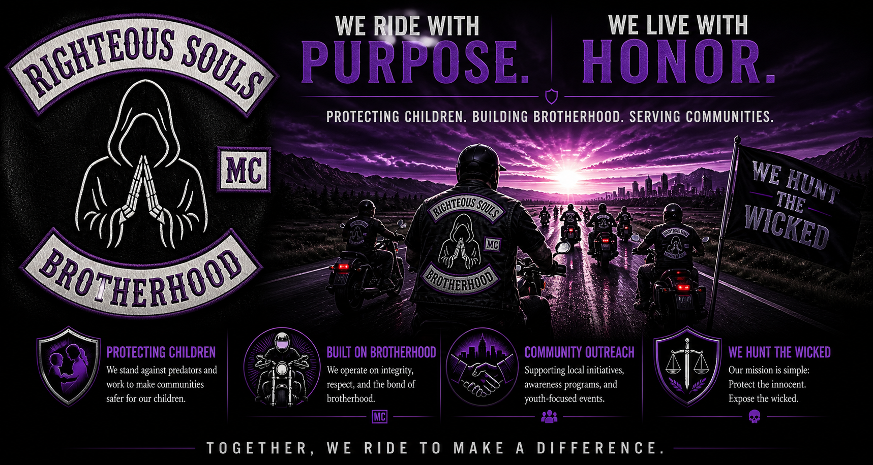 A group of motorcycle riders with a patch reading "Righteous Souls Brotherhood" riding on a road at sunset. The image includes logos, symbols, and text promoting protection, brotherhood, and community outreach, with purple and black themes.