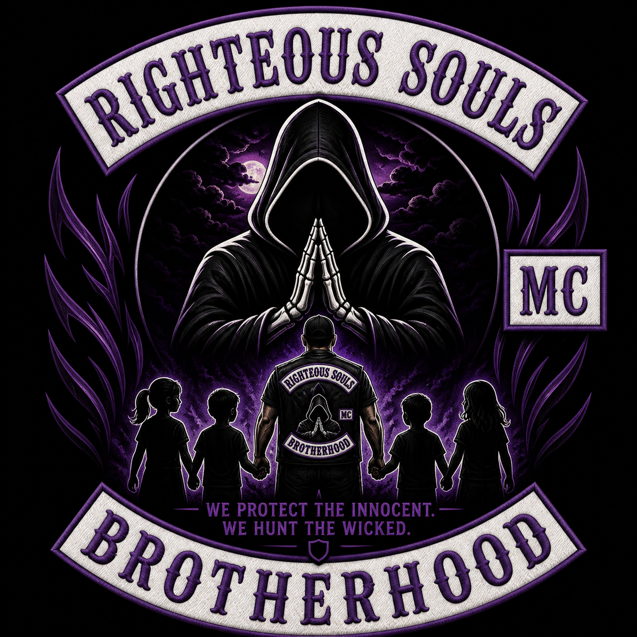 A digital artwork for the Righteous Souls Brotherhood features a hooded, skeletal figure with prayer hands in front of a dark sky with a full moon. Below, a man in a vest with the same logo holds hands with four children, all facing away. The logo reads 'Righteous Souls Brotherhood' with a shield emblem, glowing purple and black colors dominate the scene. Text beneath states, 'We protect the innocent. We hunt the wicked.'