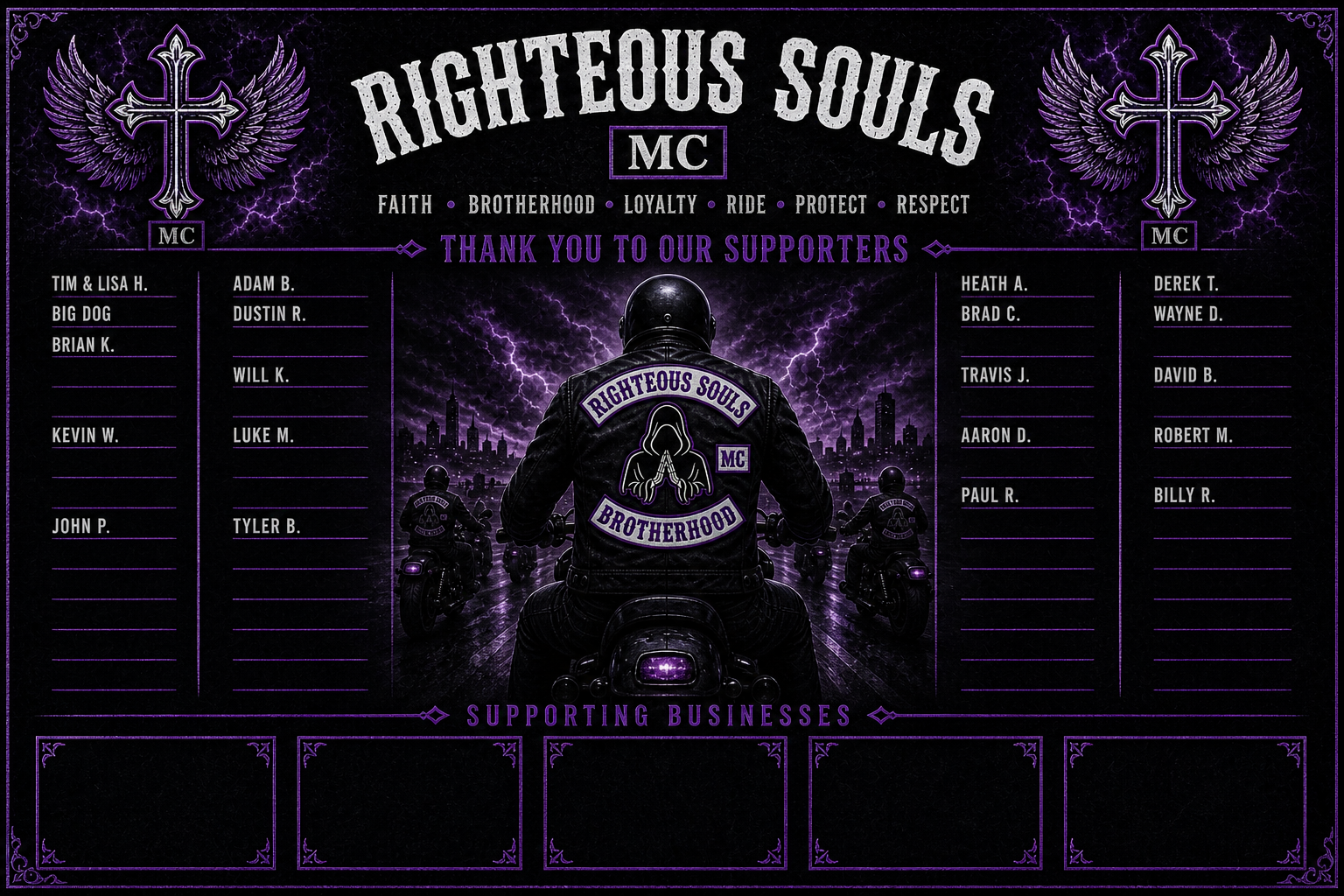 A motorcycle club poster titled 'Righteous Souls Brotherhood' features a rider with a patch reading 'Righteous Souls MC.' The background depicts a city skyline at night with lightning in purple hues. The poster lists supporters' names on both sides and includes sections for supporting businesses at the bottom, all in purple and black themes.