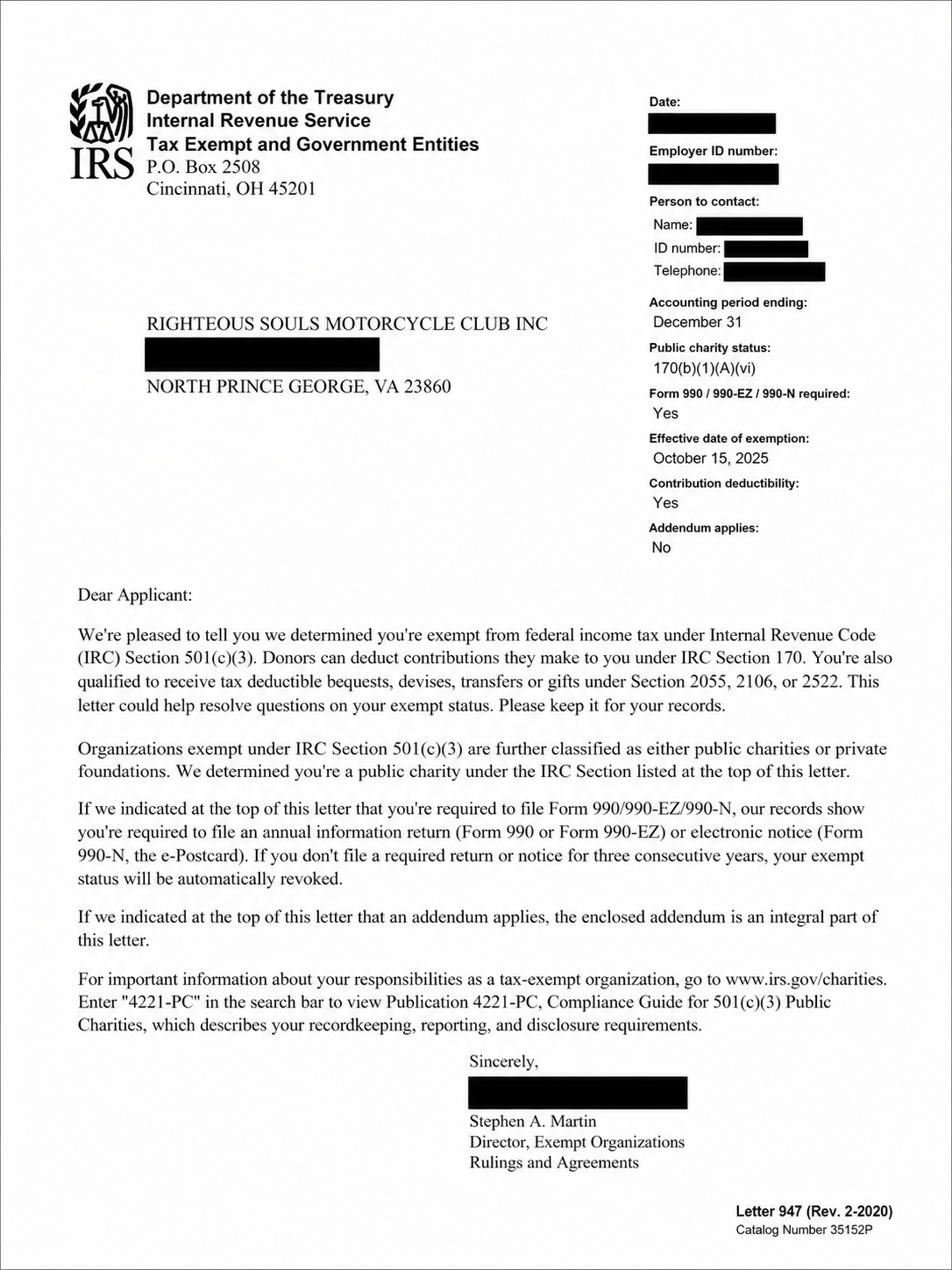 An IRS exemption notification letter addressed to Righteous Souls Motorcycle Club Inc, confirming their federal income tax exemption under IRS Section 501(c)(3).