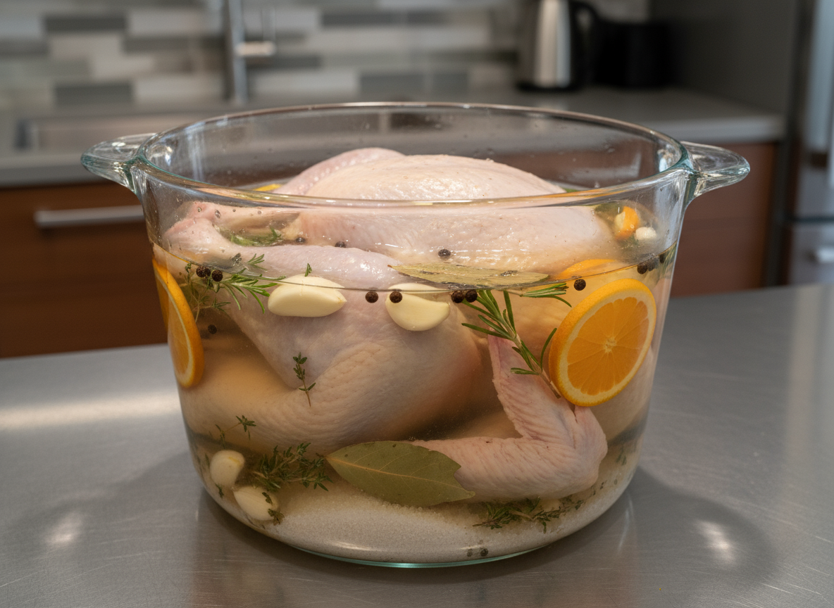 Firefly_Gemini Flash_a turkey completely submerged in a glass pot in a brine solution  585892.png