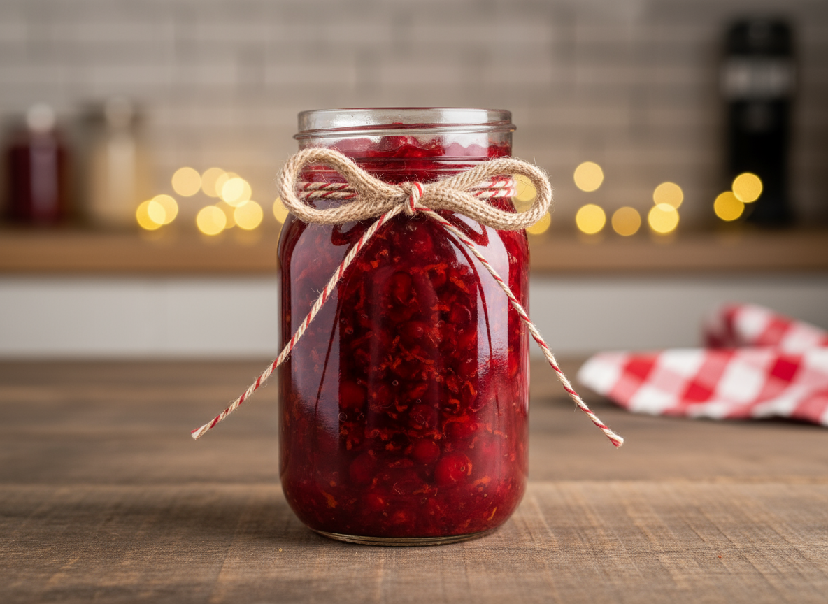 Firefly_Gemini Flash_a mason jar with cranberry sauce with a nice bow 376912.png