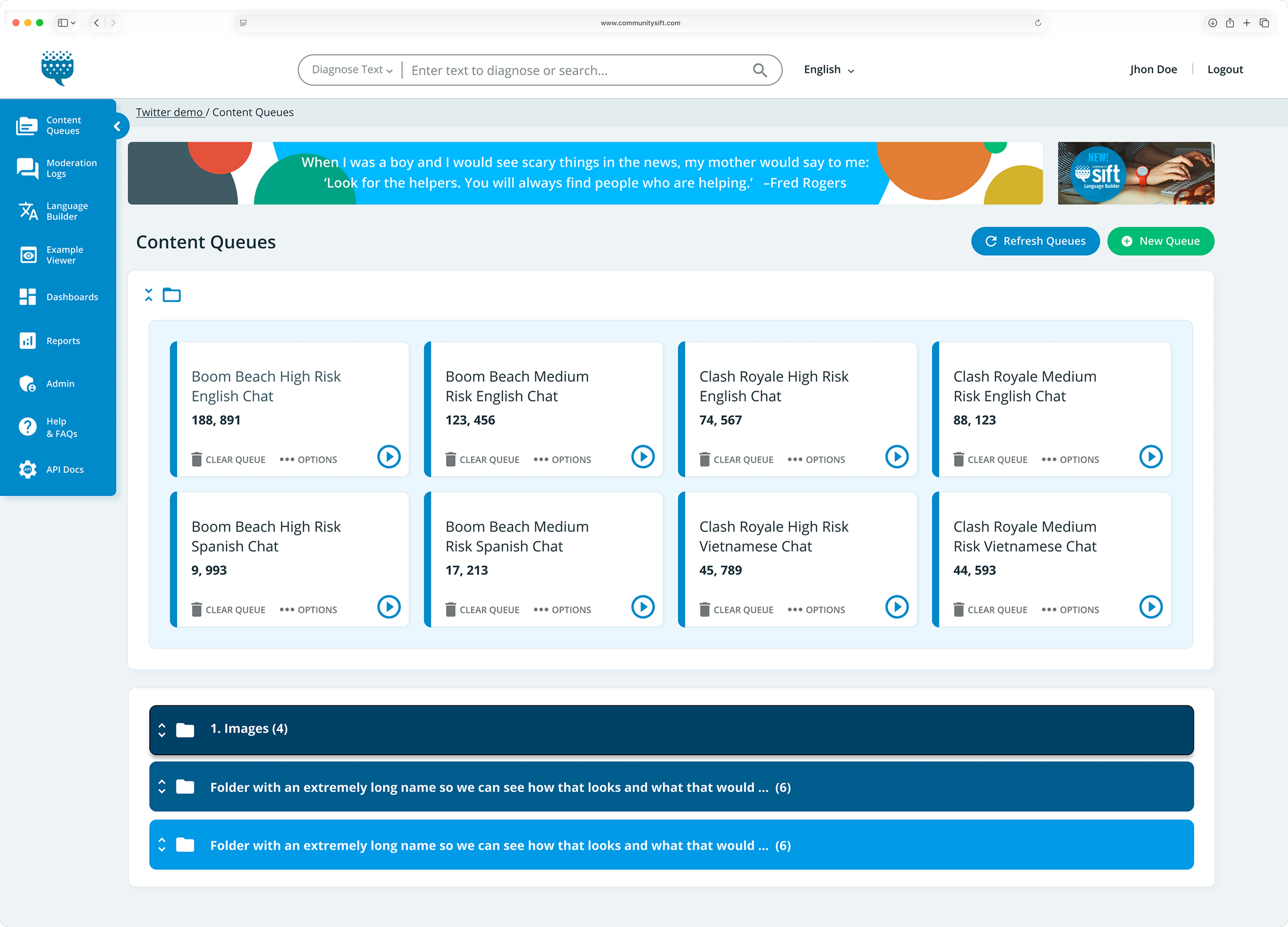 Community Sift's Content Queues landing page with a new UI and queues organized into cards and folders