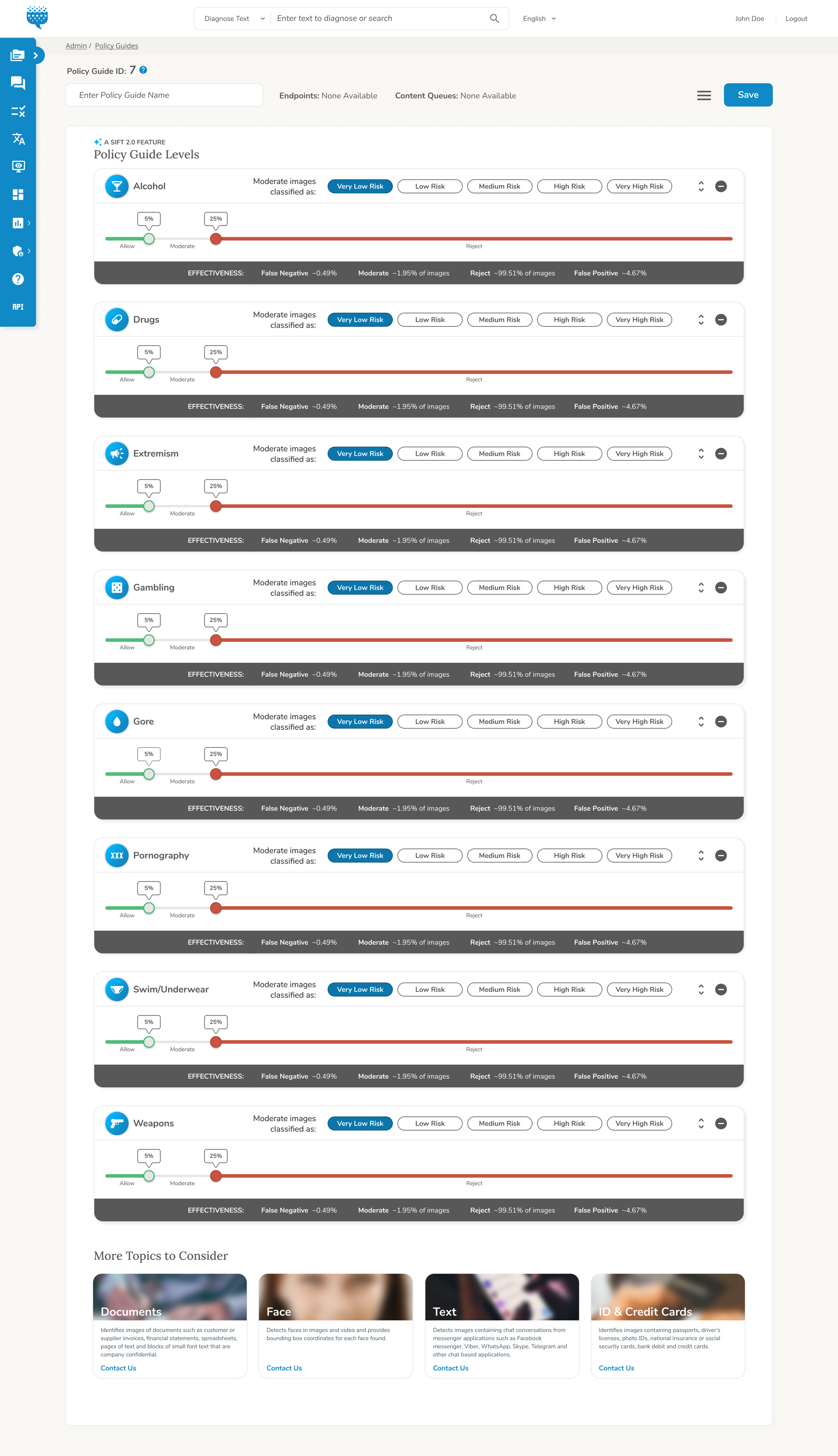 Screenshot of a policy management dashboard showing levels of risk for categories such as alcohol, drugs, extremism, gambling, gore, pornography, swimwear, and weapons, with sliders indicating very low risk and options for risk classification.