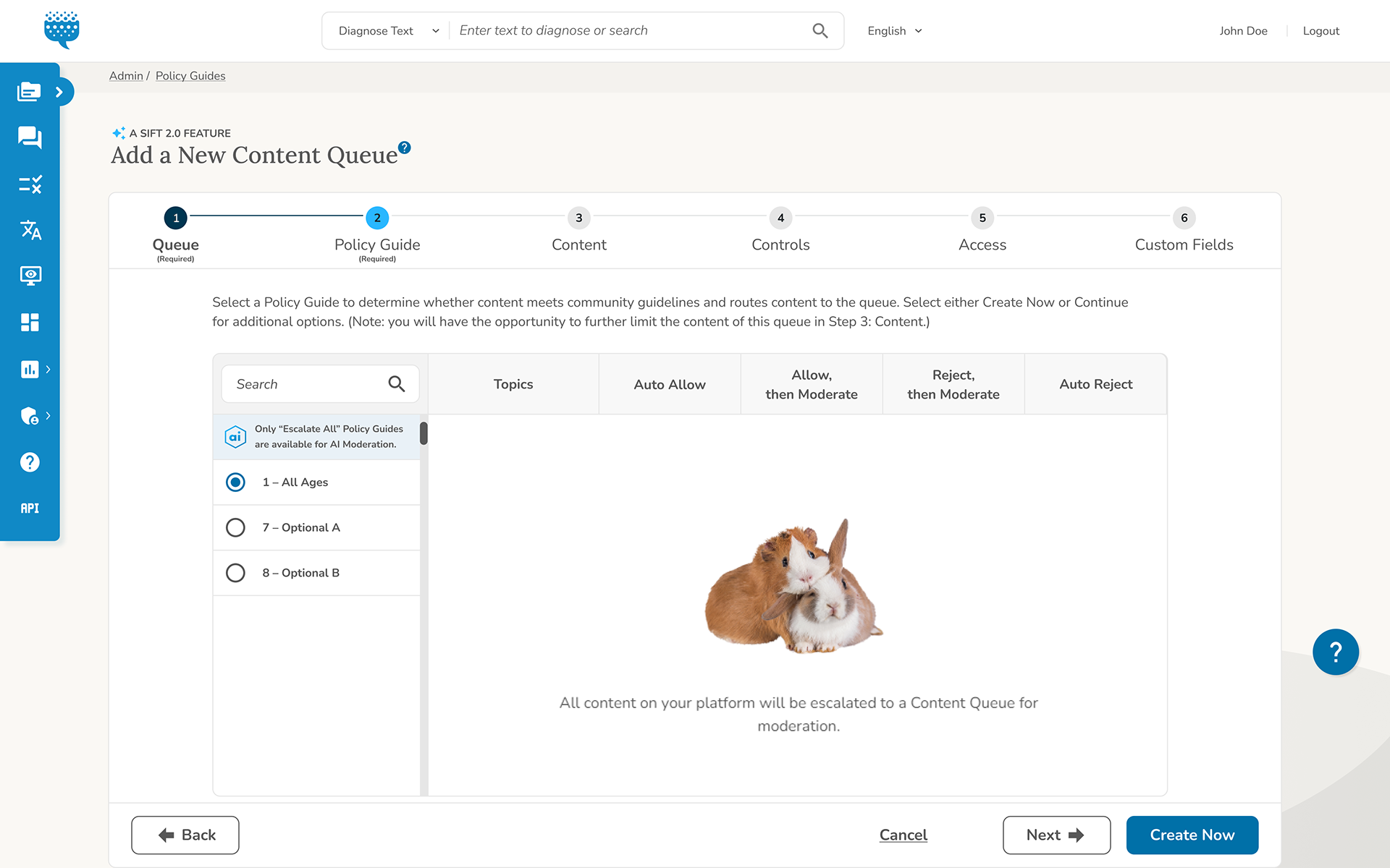 New Content Queue Setup Wizard with an empty state that shows an adorable hamster and bunny cuddling with instructive text.