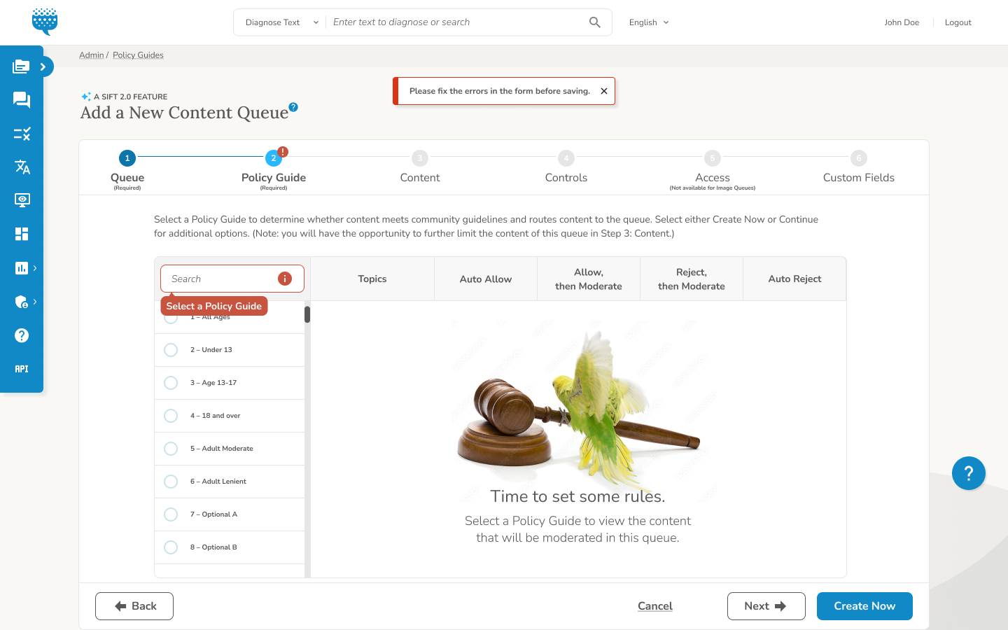 New Content Queue Setup Wizard with beautiful bird holding a gavel and text prompting the user to select a Policy Guide..
