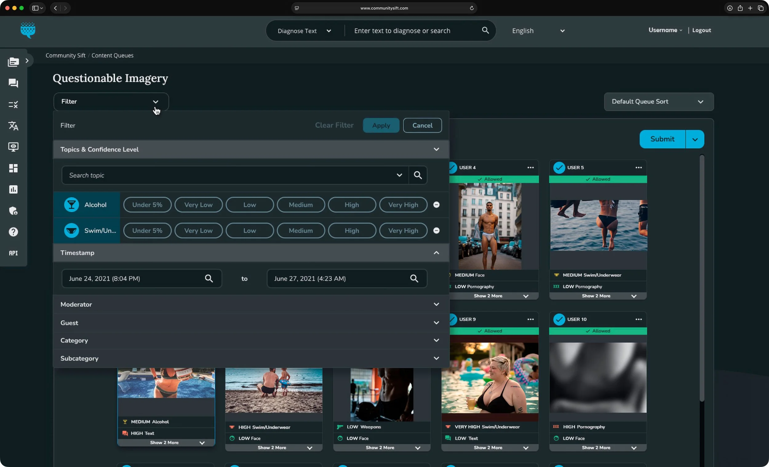 NGM Image Moderation Filter dropdown menu in Dark Theme.