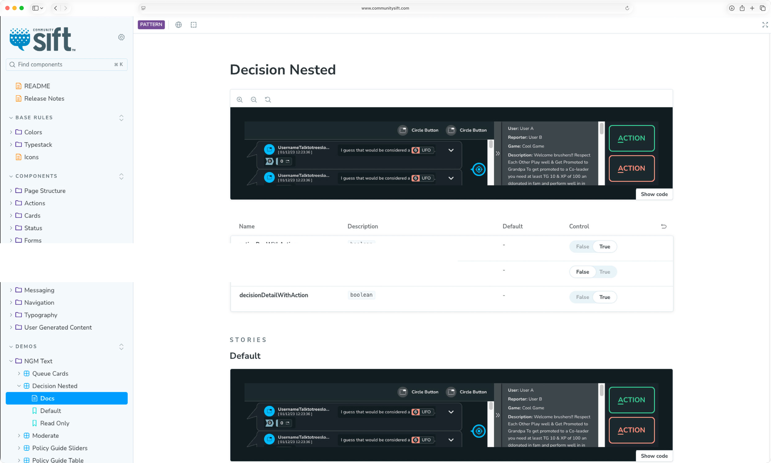 Nested Decision component and Design System navigation menu in Storybook.