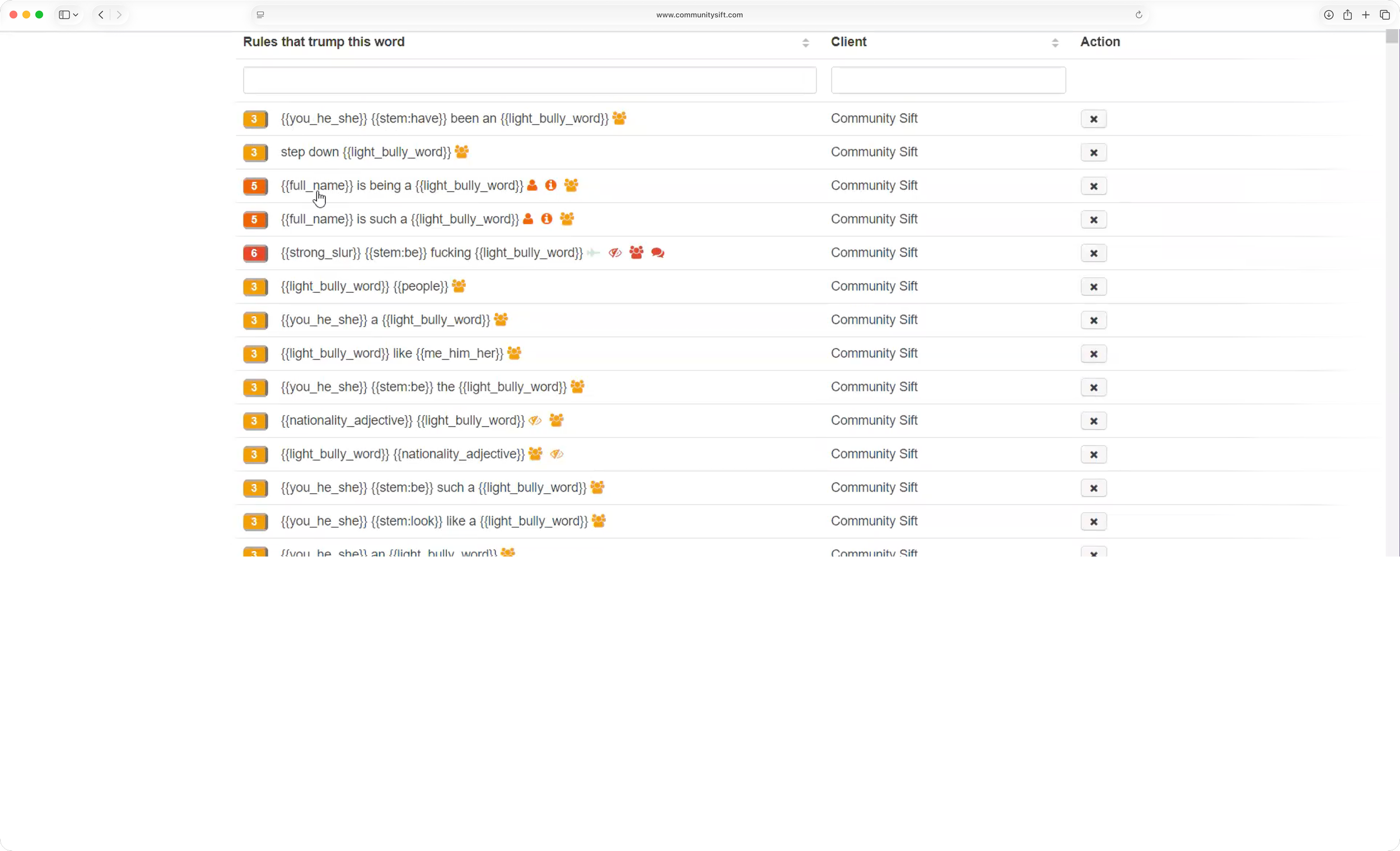 Image of the original Community Sift Rules page with no UI or UX design.