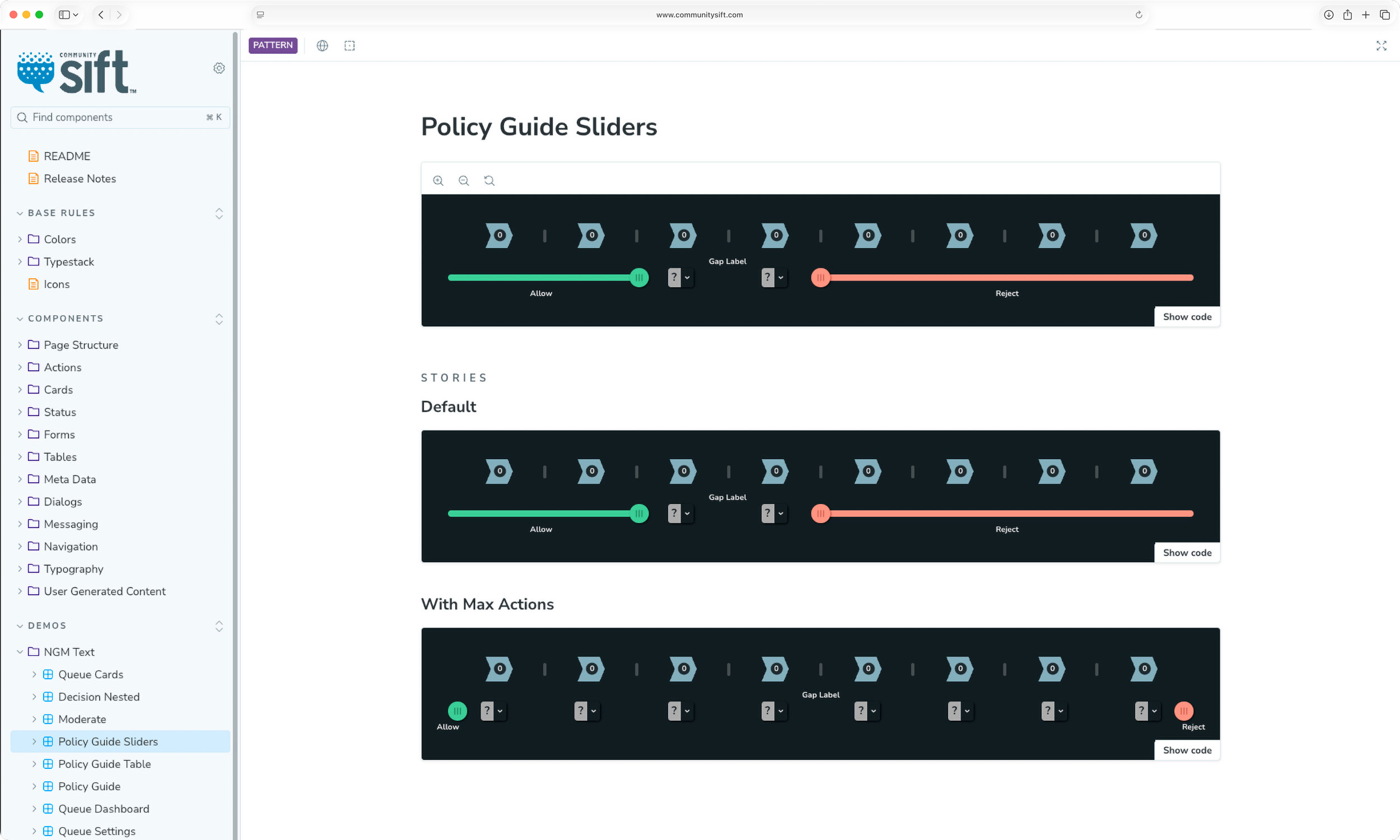 Policy Guide Sliders component and Design System navigation menu in Storybook.