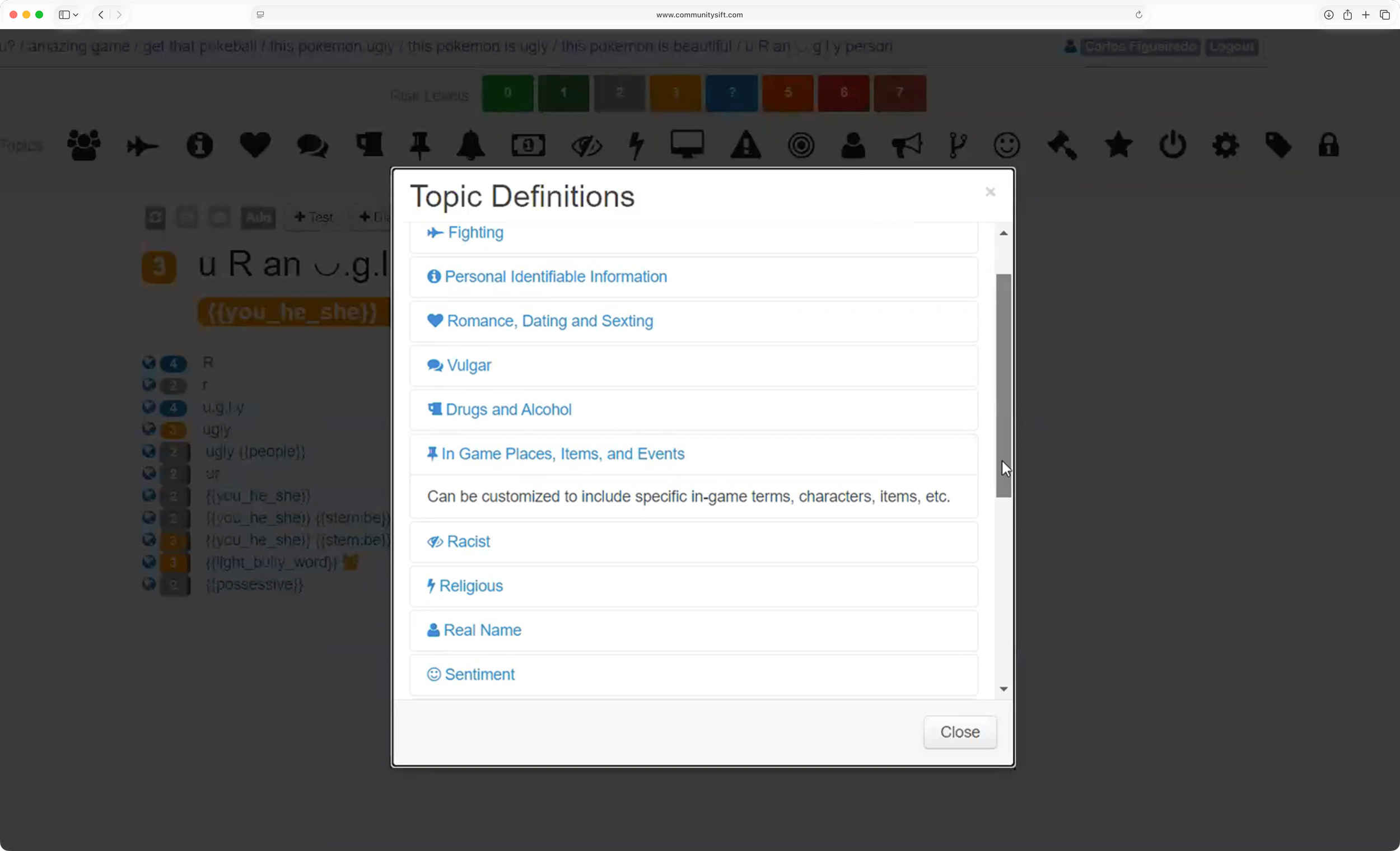 Image of the original Community Sift pop-up of Topic Definitions.