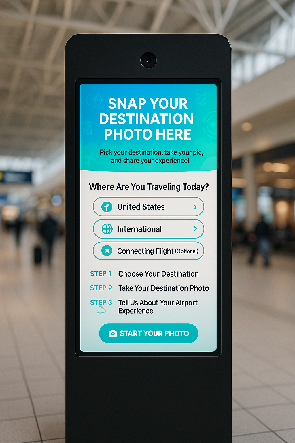 Airport self-service kiosk screen displaying instructions to snap destination photos and select travel options, including United States, International, and Connecting Flight.