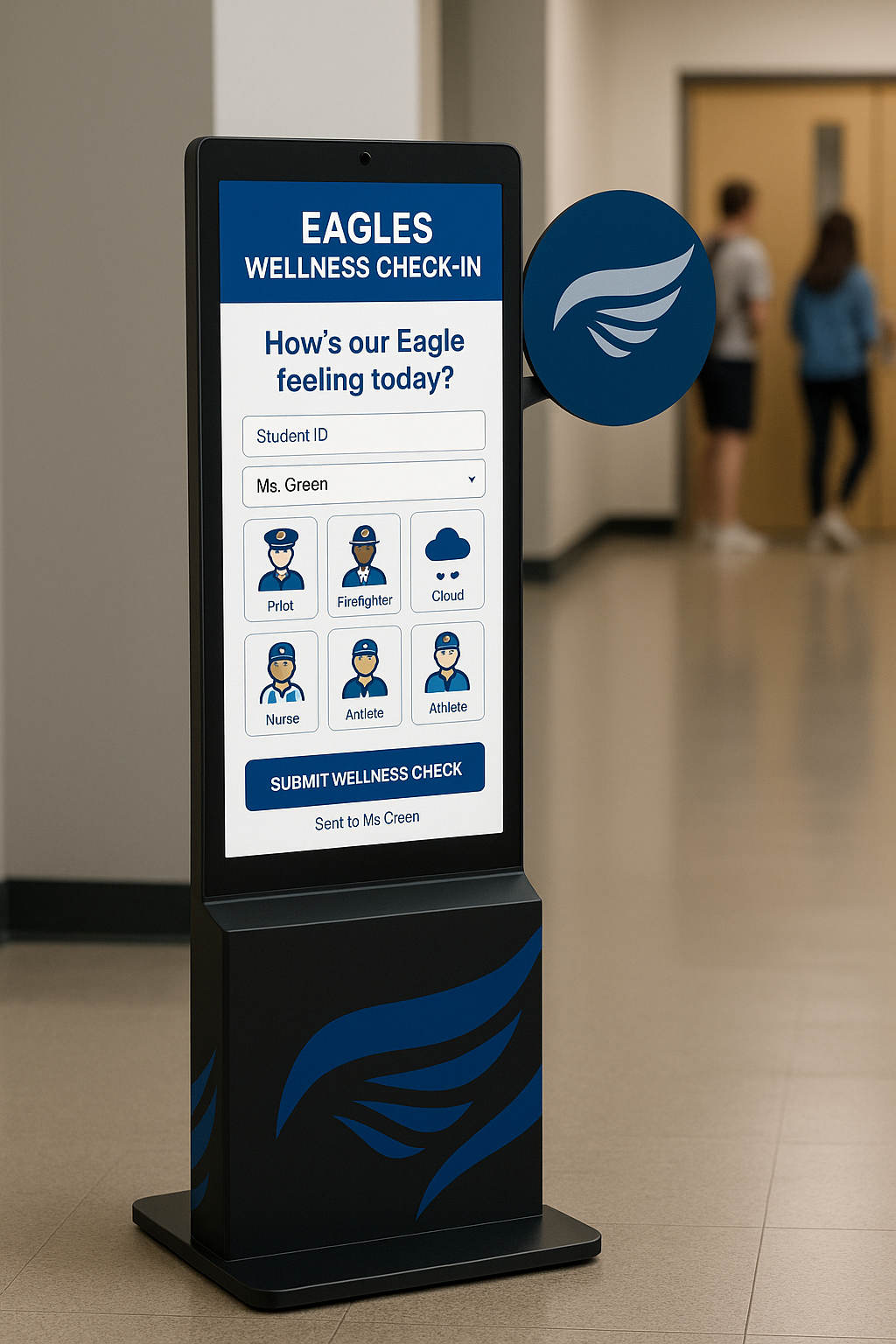 Digital wellness check-in kiosk featuring the Eagles logo, with a screen greeting students and staff, and an option to select their role or position.