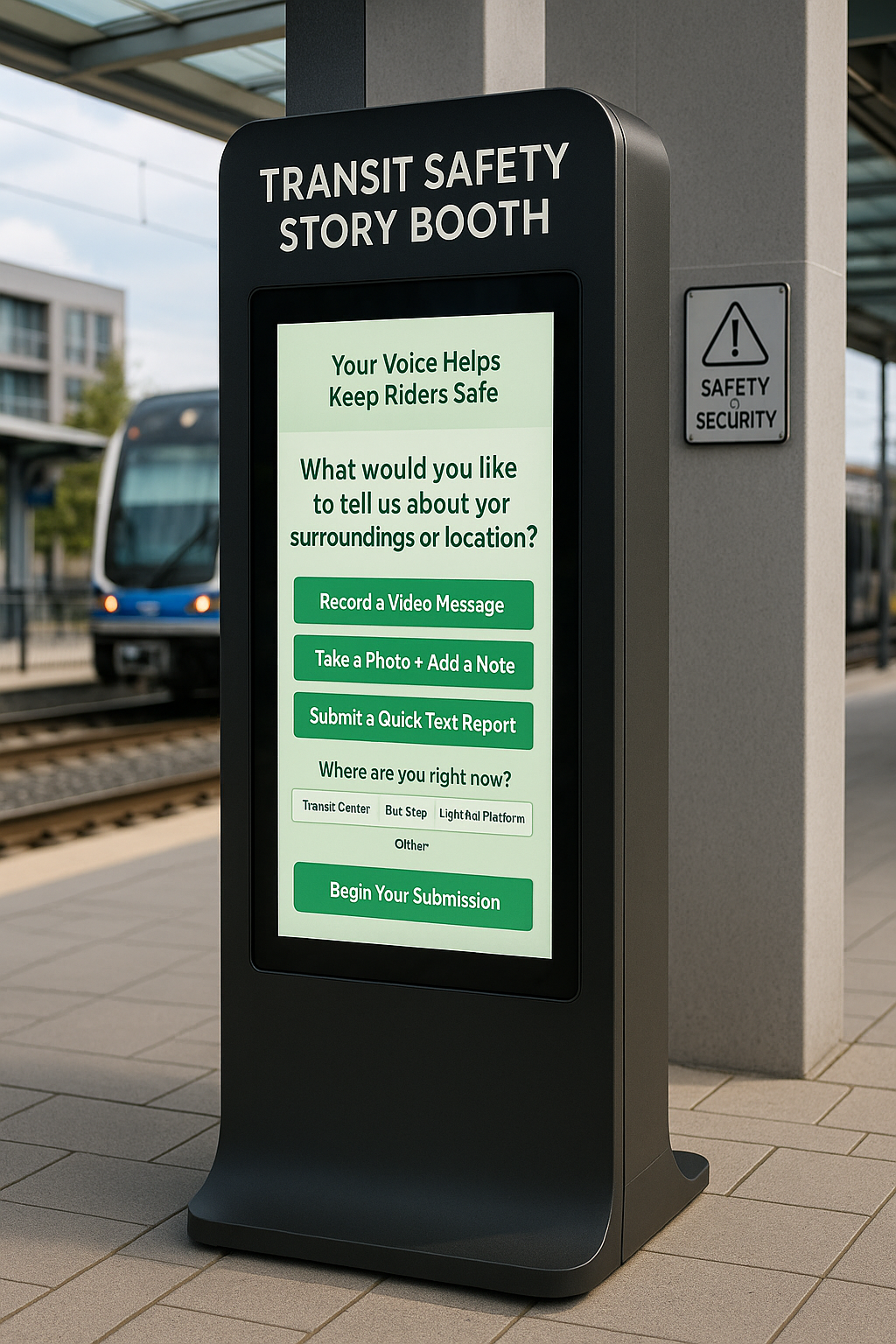 Digital kiosk at a transit station with a screen inviting riders to share safety feedback through video, photo, or text, with subway train in the background.