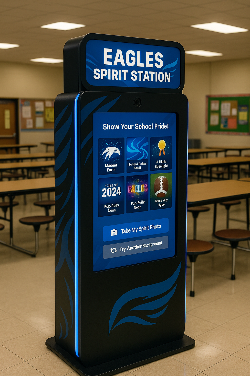 Digital information kiosk at Eagle Spirit Station with school spirit themes and interactive options.