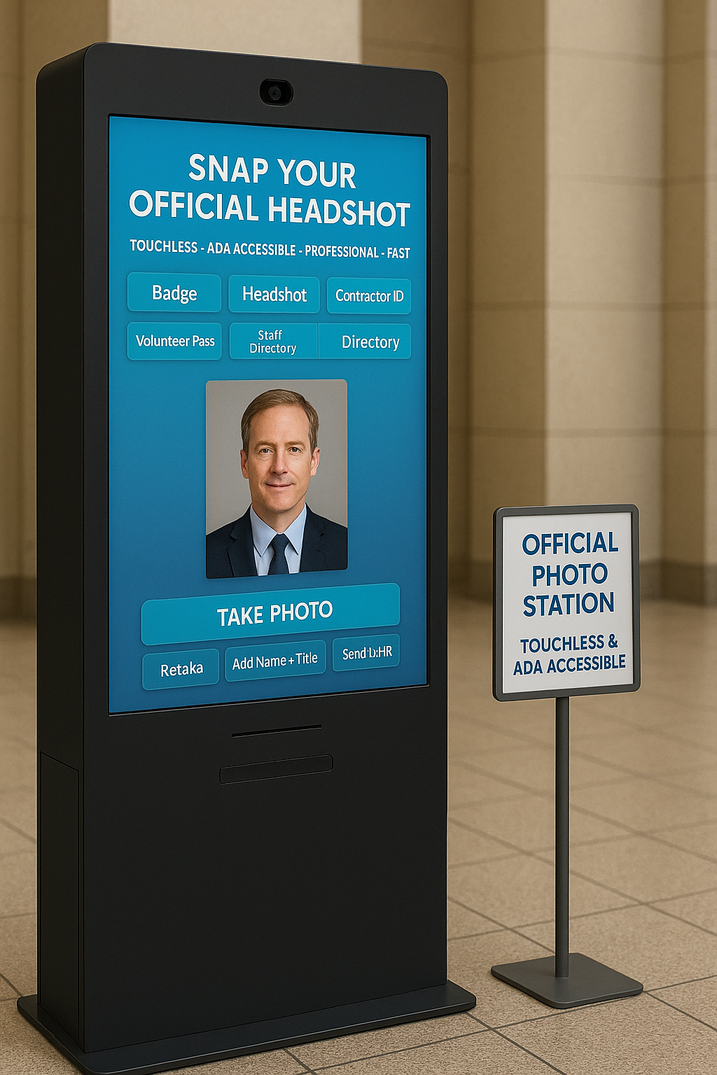 Touchless photo station with a large screen displaying a man's headshot and options for badges, headshots, and directory access. A small sign beside indicates 'Official Photo Station' and highlights touchless and ADA accessibility features.
