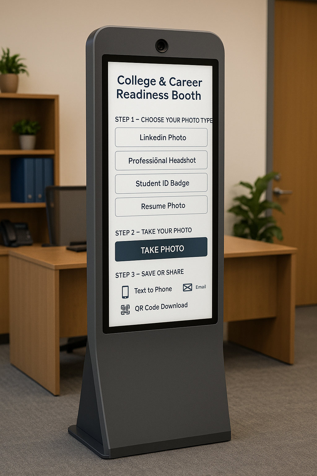 Digital kiosk screen inside an office for a 'College & Career Readiness Booth' with options to choose photo type, take photo, and save or share.