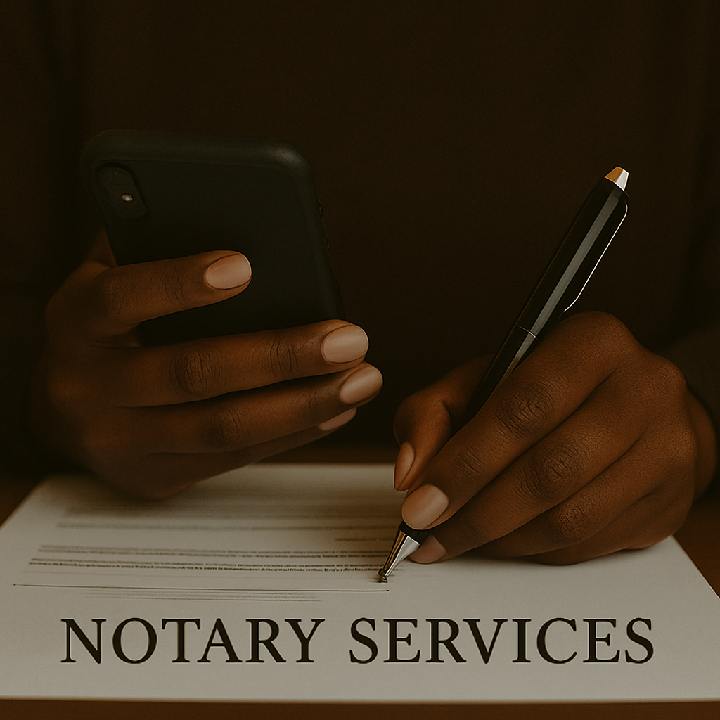 Person signing a document titled 'Notary Services' with a pen, with a smartphone in their other hand.