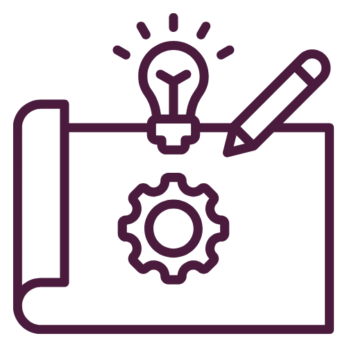 Blueprint with lightbulb, pencil, and gear showing design to execution