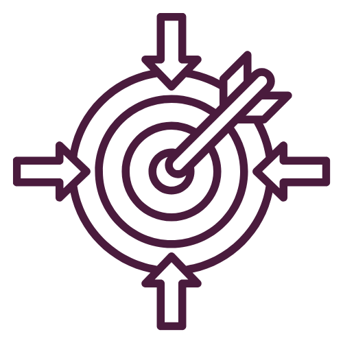 Bullseye target with arrow hitting center and alignment arrows