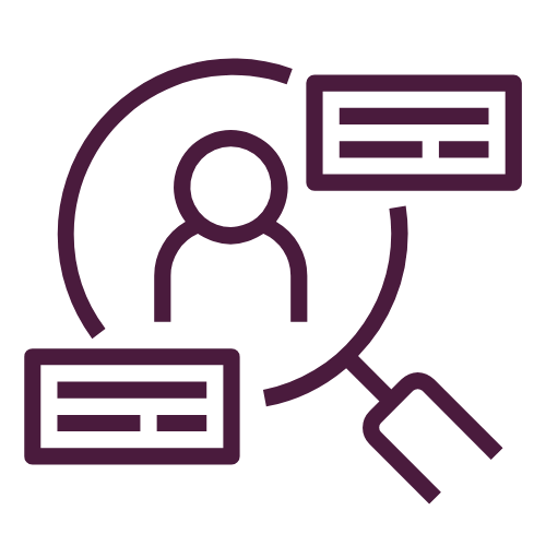 Person surrounded by data cards with magnifying glass