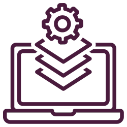 Laptop with gear and stacked layers showing infrastructure